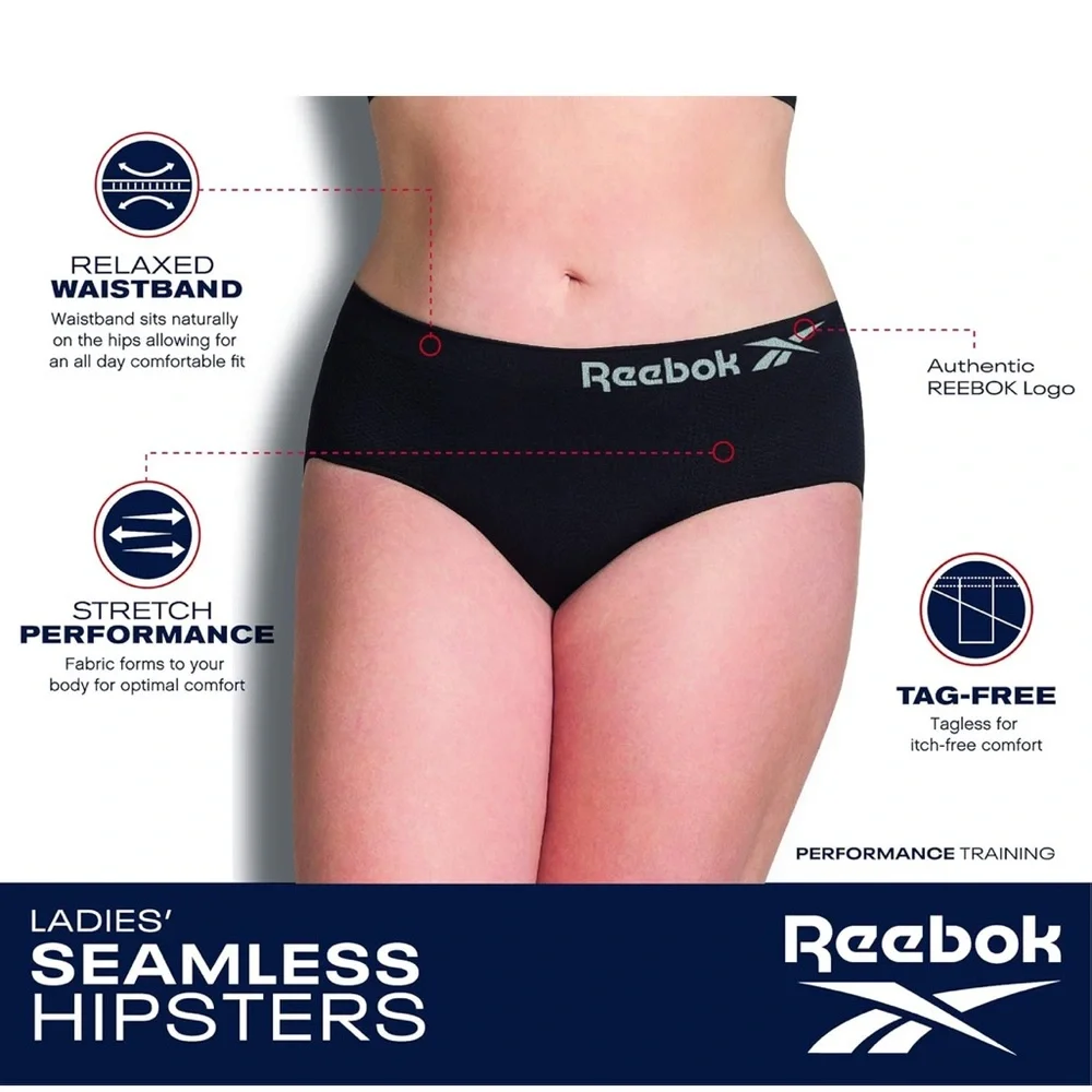Reebok Seamless Hipster Underwear 5 Pk Black, Gray, White, Burgundy Pink Sm 4/6